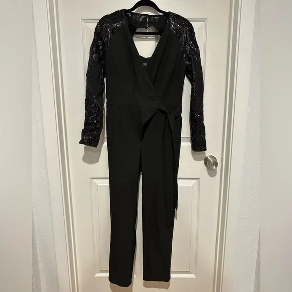 Little Mistress wrap front jumpsuit sequin sleeves. - Picture 10 of 11